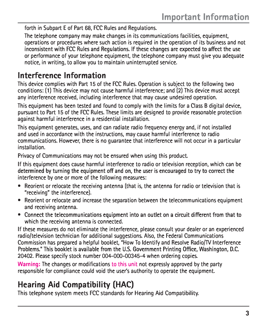 RCA 25420 manual Interference Information, Hearing Aid Compatibility HAC, Important Information 