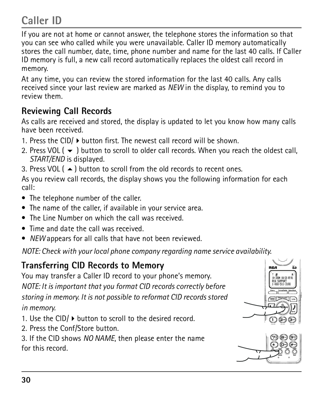 RCA 25420 manual Caller ID, Reviewing Call Records, Transferring CID Records to Memory 