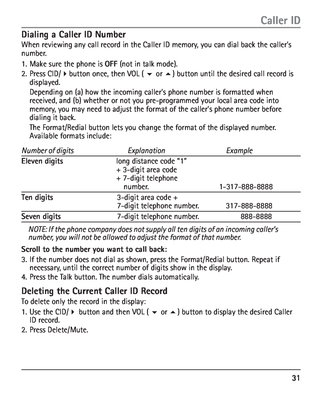 RCA 25420 manual Dialing a Caller ID Number, Deleting the Current Caller ID Record, Eleven digits, Ten digits, Seven digits 