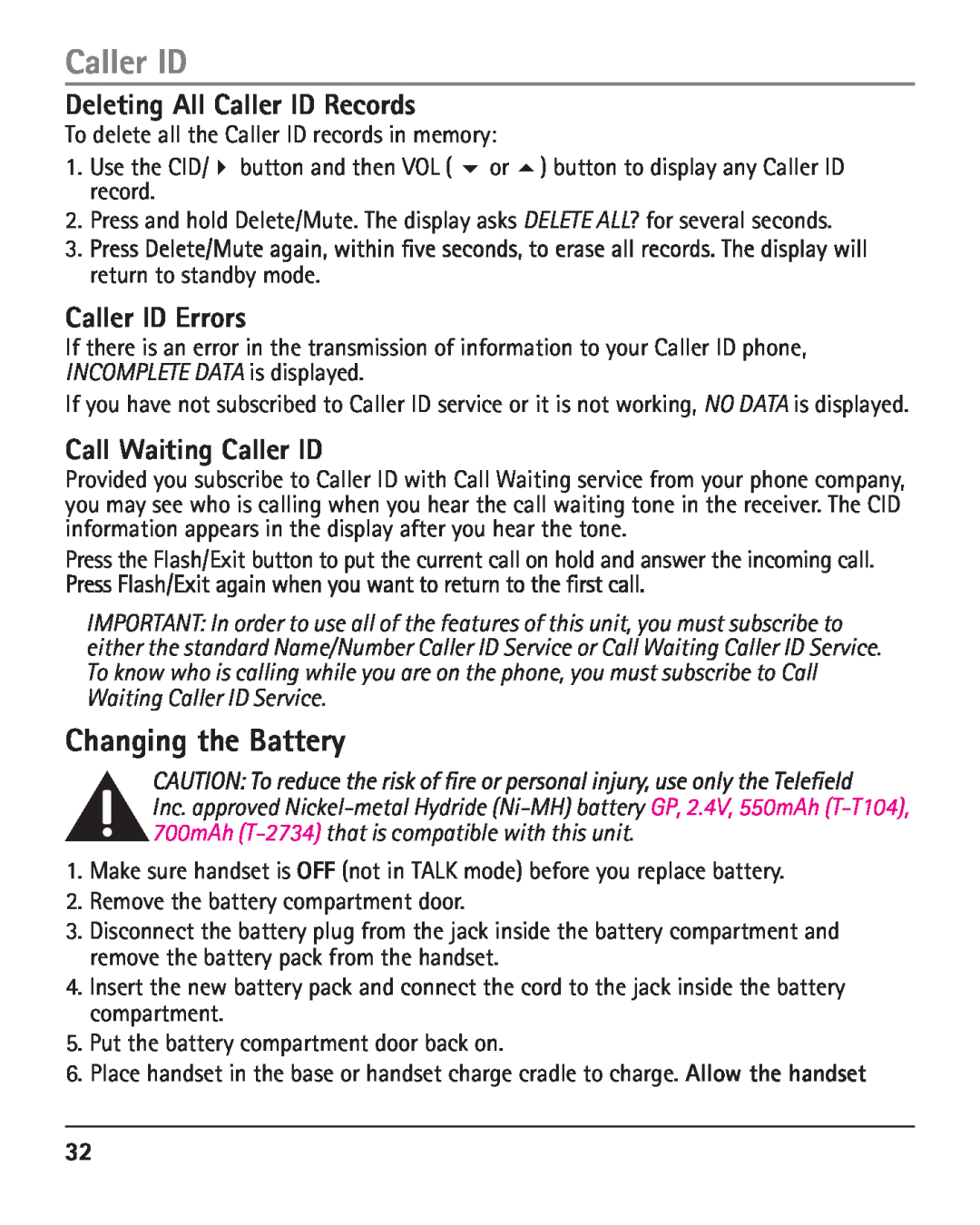 RCA 25420 manual Changing the Battery, Deleting All Caller ID Records, Caller ID Errors, Call Waiting Caller ID 