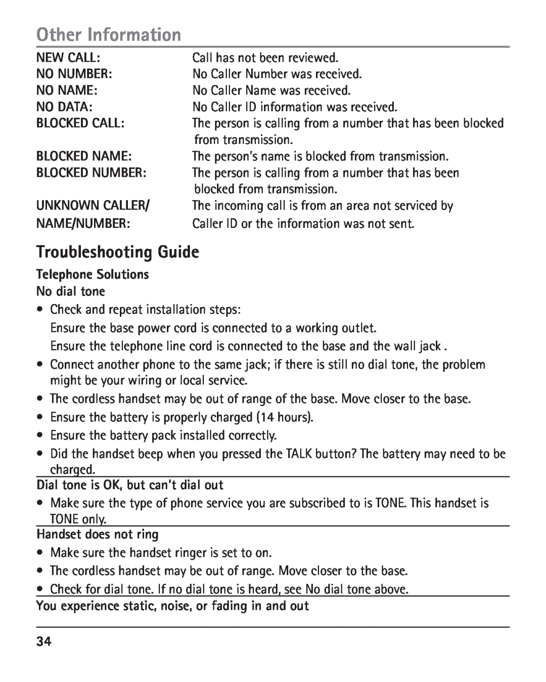 RCA 25420 Troubleshooting Guide, Other Information, New Call, No Number, No Name, No Data, Blocked Call, Blocked Name 