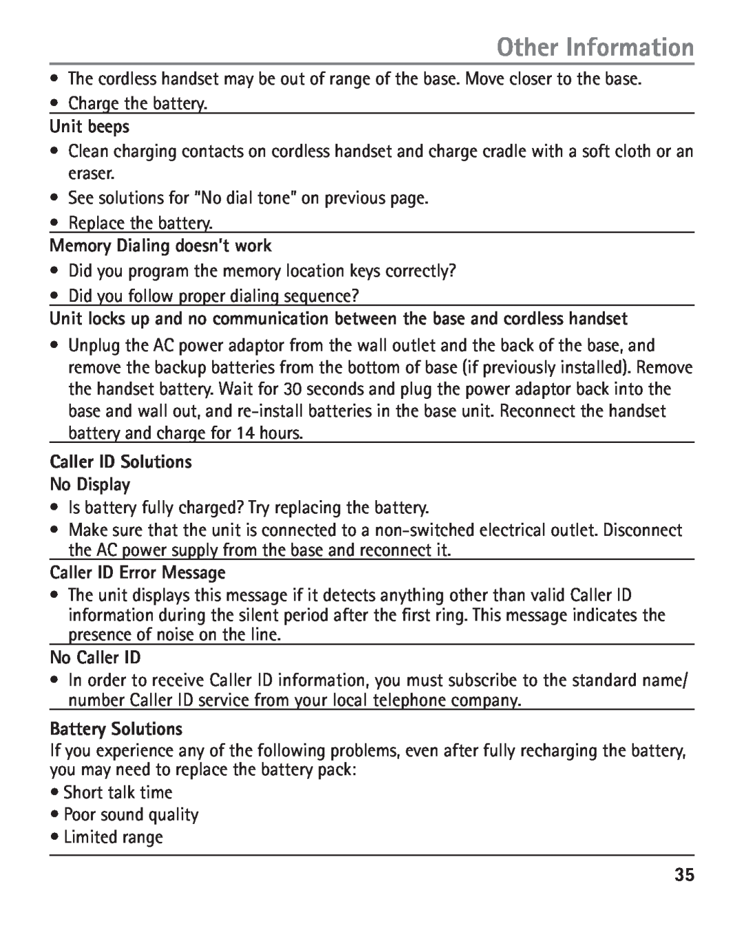 RCA 25420 manual Other Information, Unit beeps, Memory Dialing doesn’t work, Caller ID Solutions No Display, No Caller ID 