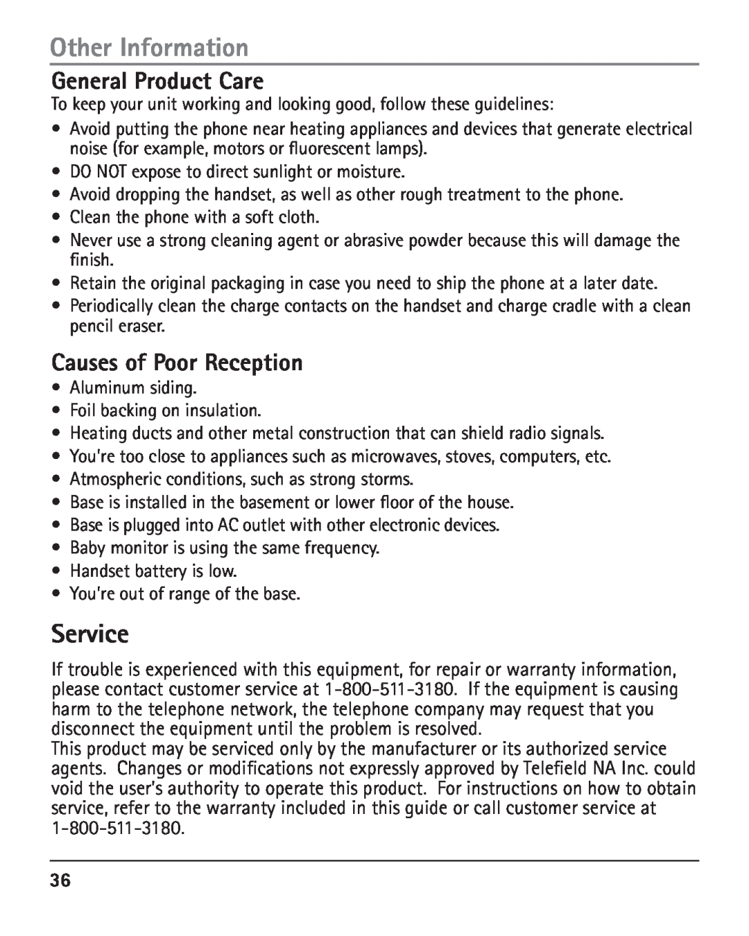 RCA 25420 manual General Product Care, Causes of Poor Reception, Other Information, Service 