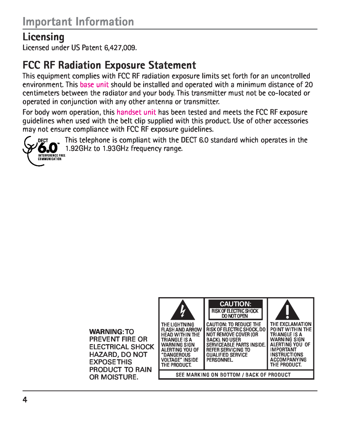 RCA 25420 manual Licensing, FCC RF Radiation Exposure Statement, Important Information, Licensed under US Patent 6,427,009 