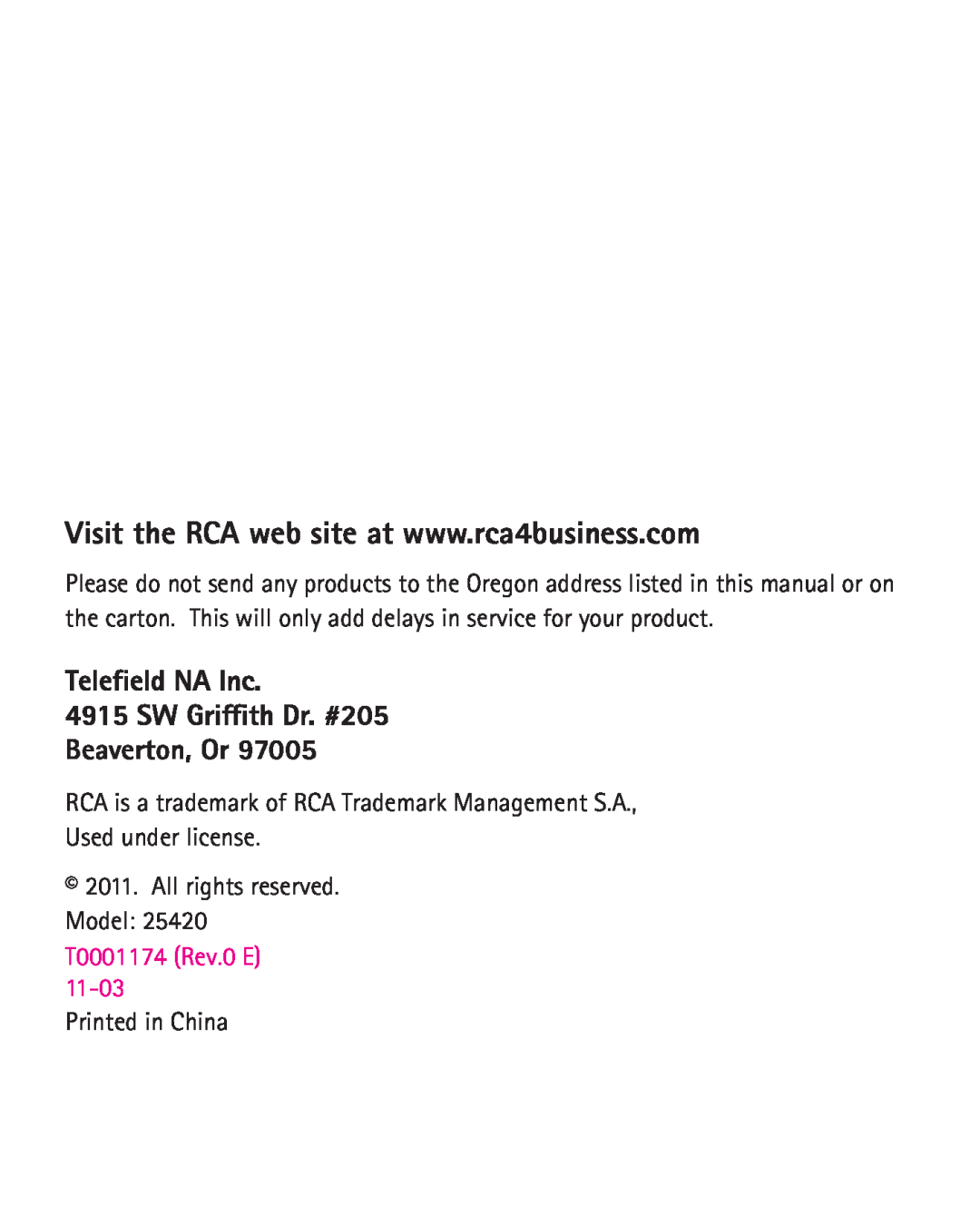 RCA 25420 Beaverton, Or, RCA is a trademark of RCA Trademark Management S.A Used under license, All rights reserved. Model 
