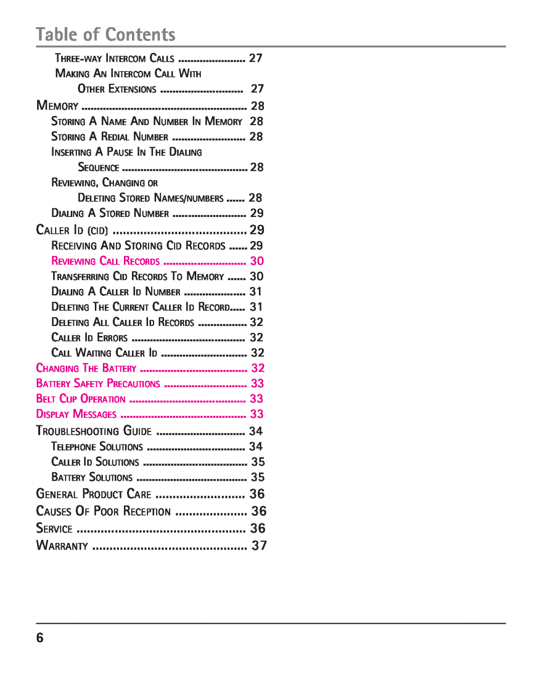 RCA 25420 manual Table of Contents, Caller Id Cid, General Product Care, Causes Of Poor Reception, Reviewing Call Records 