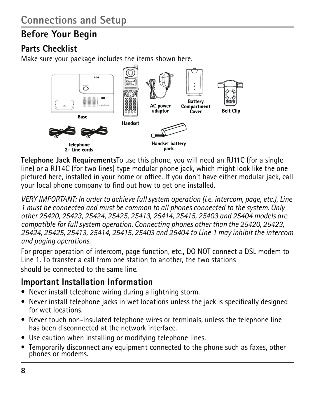 RCA 25420 manual Connections and Setup, Before Your Begin, Parts Checklist, Important Installation Information 