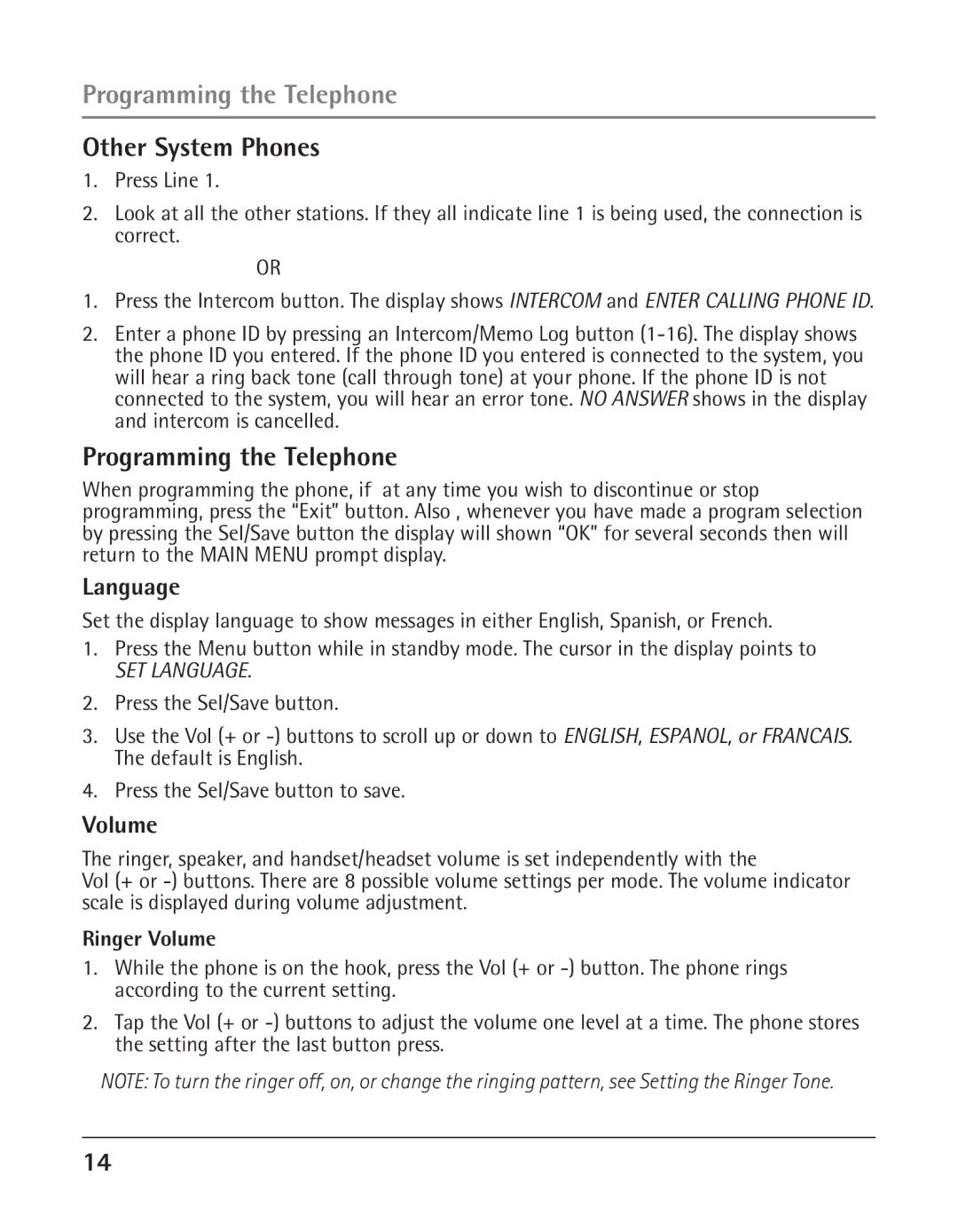 RCA 25423 manual Programming the Telephone, Other System Phones, Language, Volume 