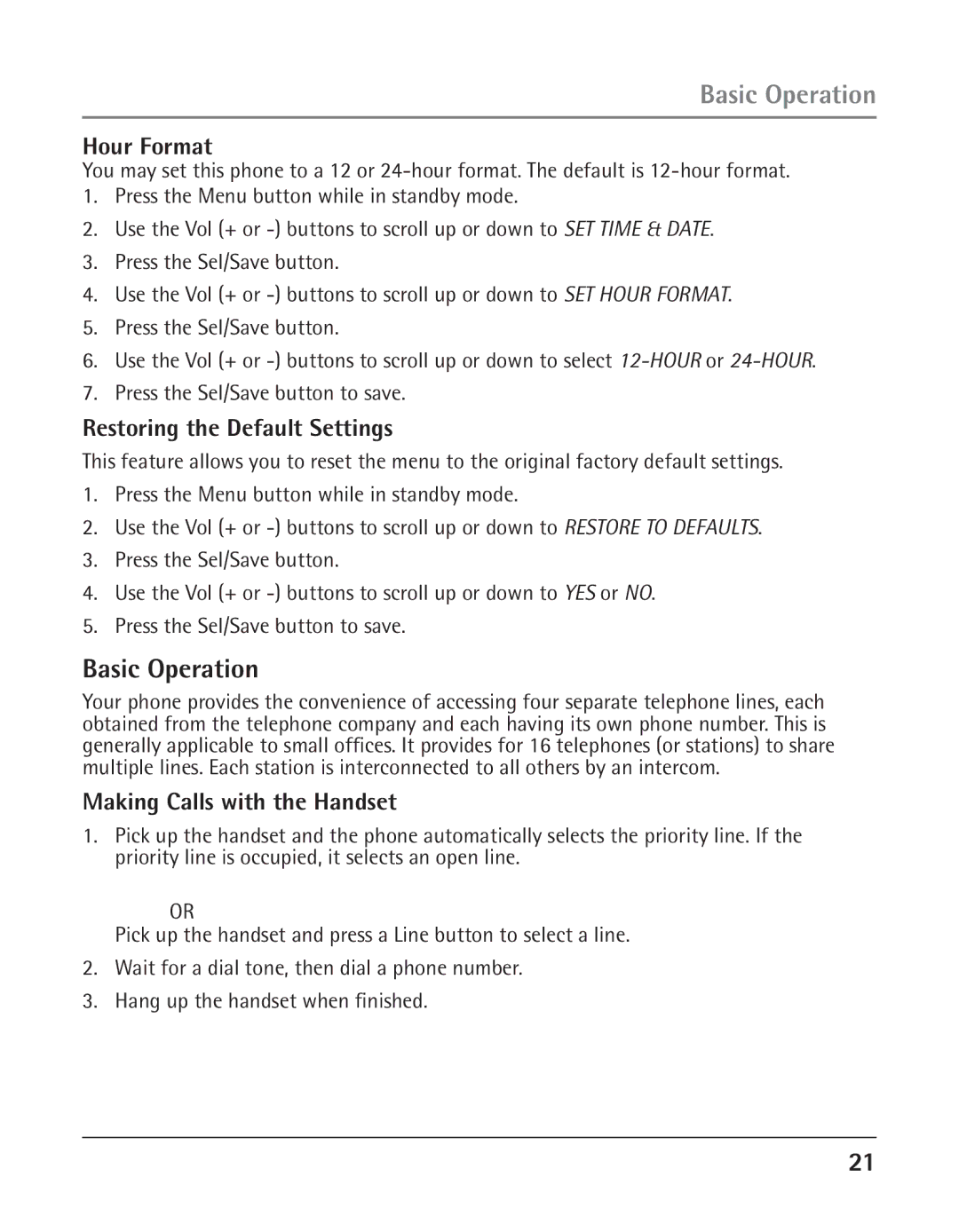 RCA 25423 manual Basic Operation, Hour Format, Restoring the Default Settings, Making Calls with the Handset 