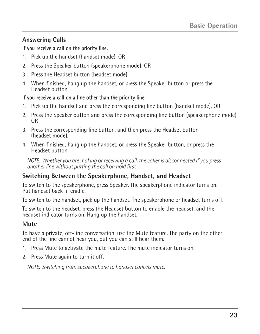 RCA 25423 manual Answering Calls, Switching Between the Speakerphone, Handset, and Headset, Mute 