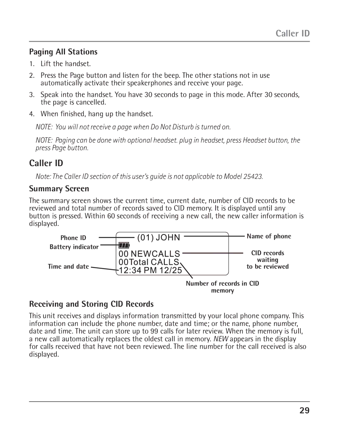 RCA 25423 manual Caller ID, Paging All Stations, Summary Screen, Receiving and Storing CID Records 