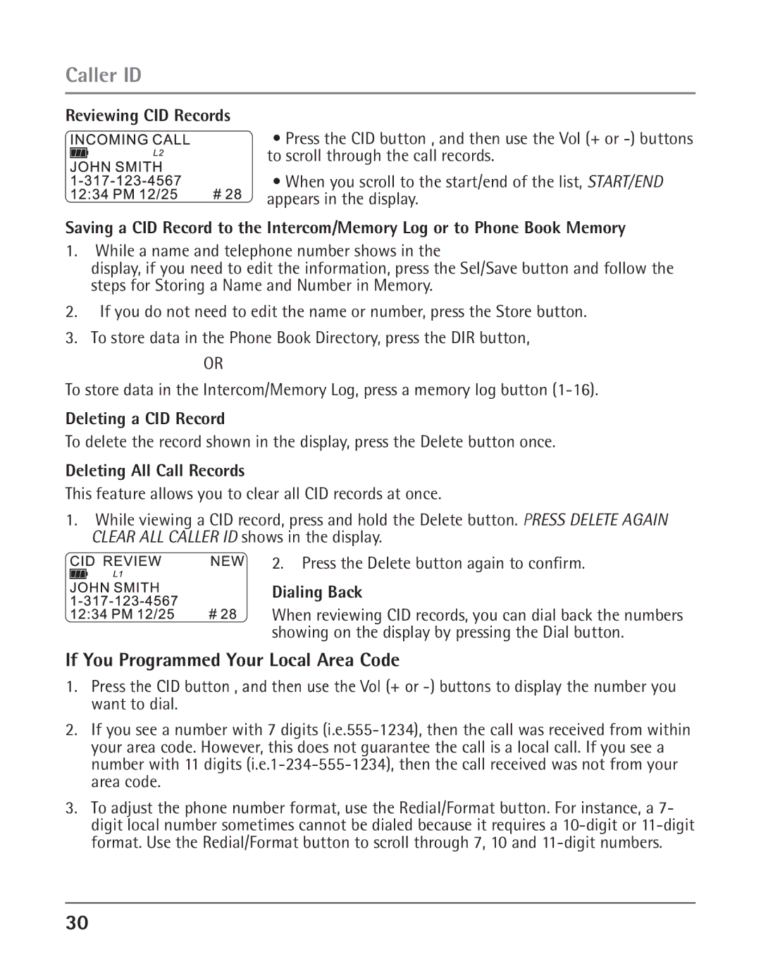 RCA 25423 If You Programmed Your Local Area Code, Reviewing CID Records, Deleting a CID Record, Deleting All Call Records 