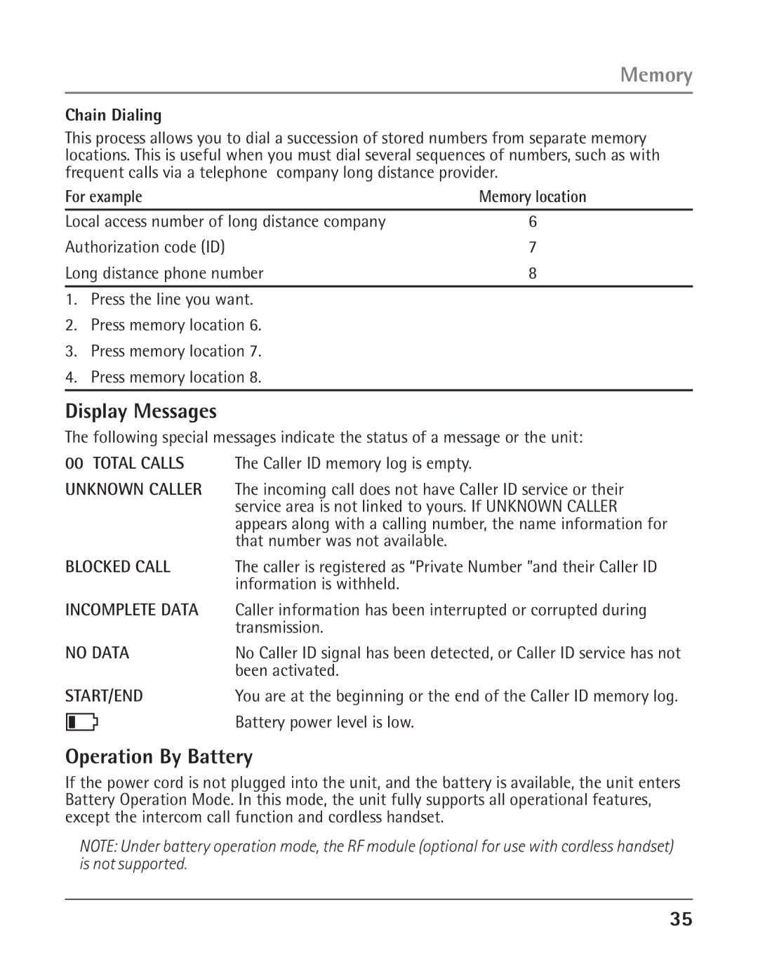 RCA 25423 manual Display Messages, Operation By Battery, Chain Dialing, For example 