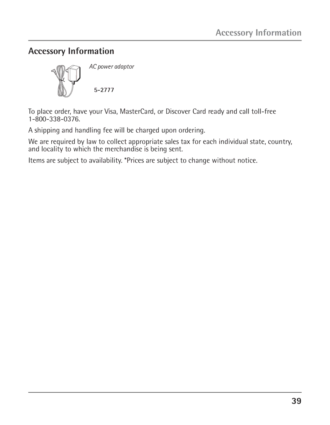 RCA 25423 manual Accessory Information 