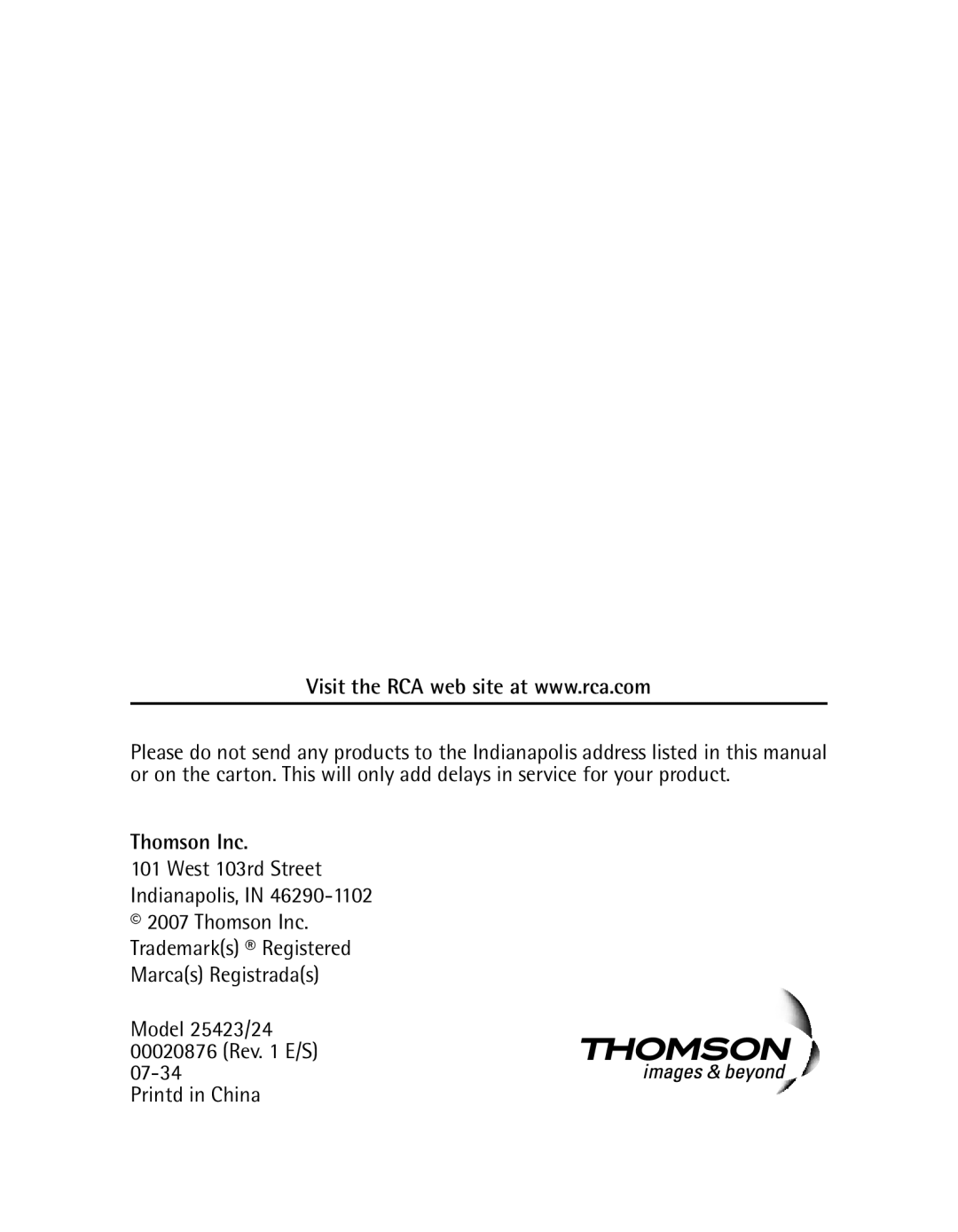 RCA 25423 manual Thomson Inc 