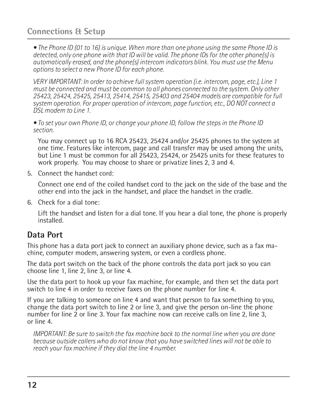 RCA 25425RE1A manual Data Port, Connect the handset cord 