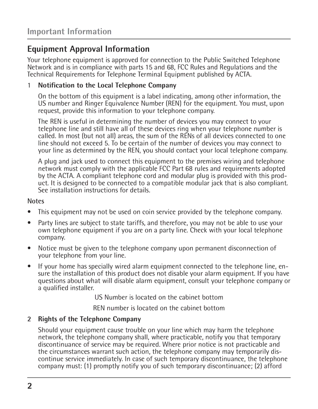 RCA 25425RE1A manual Important Information, Equipment Approval Information, Notification to the Local Telephone Company 