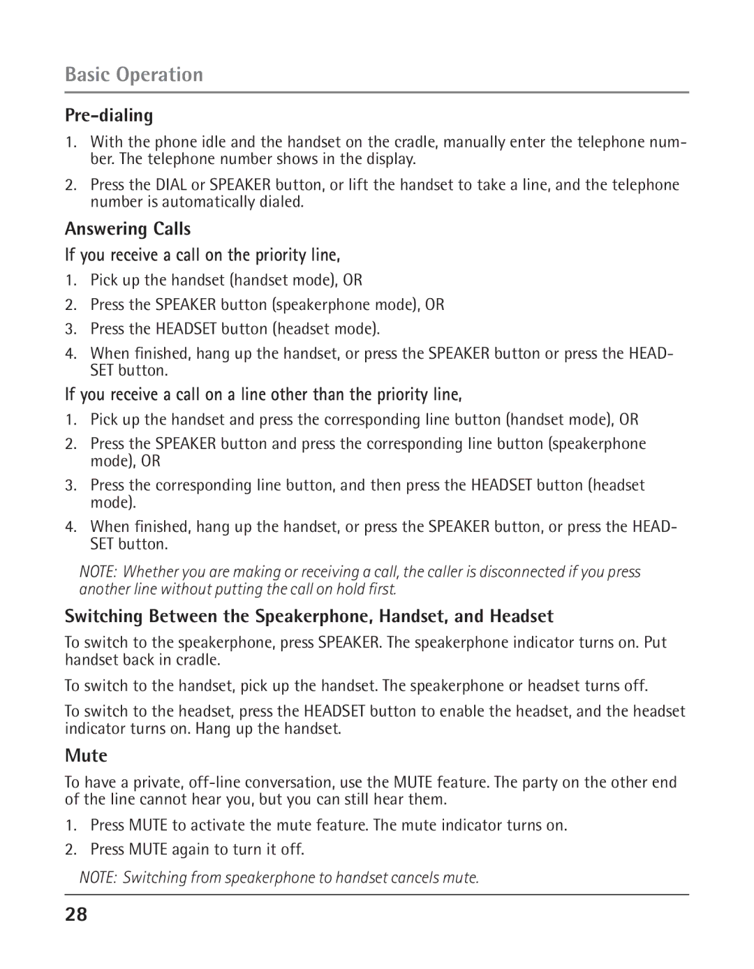 RCA 25425RE1A manual Pre-dialing, Answering Calls If you receive a call on the priority line, Mute 