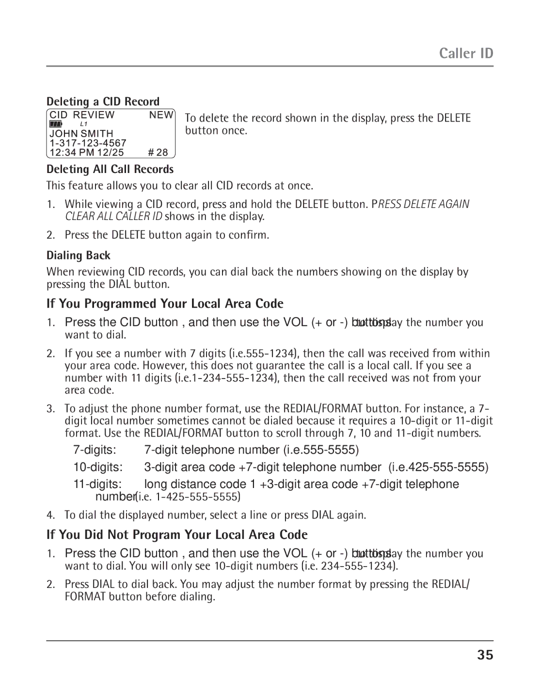 RCA 25425RE1A If You Programmed Your Local Area Code, If You Did Not Program Your Local Area Code, Deleting a CID Record 