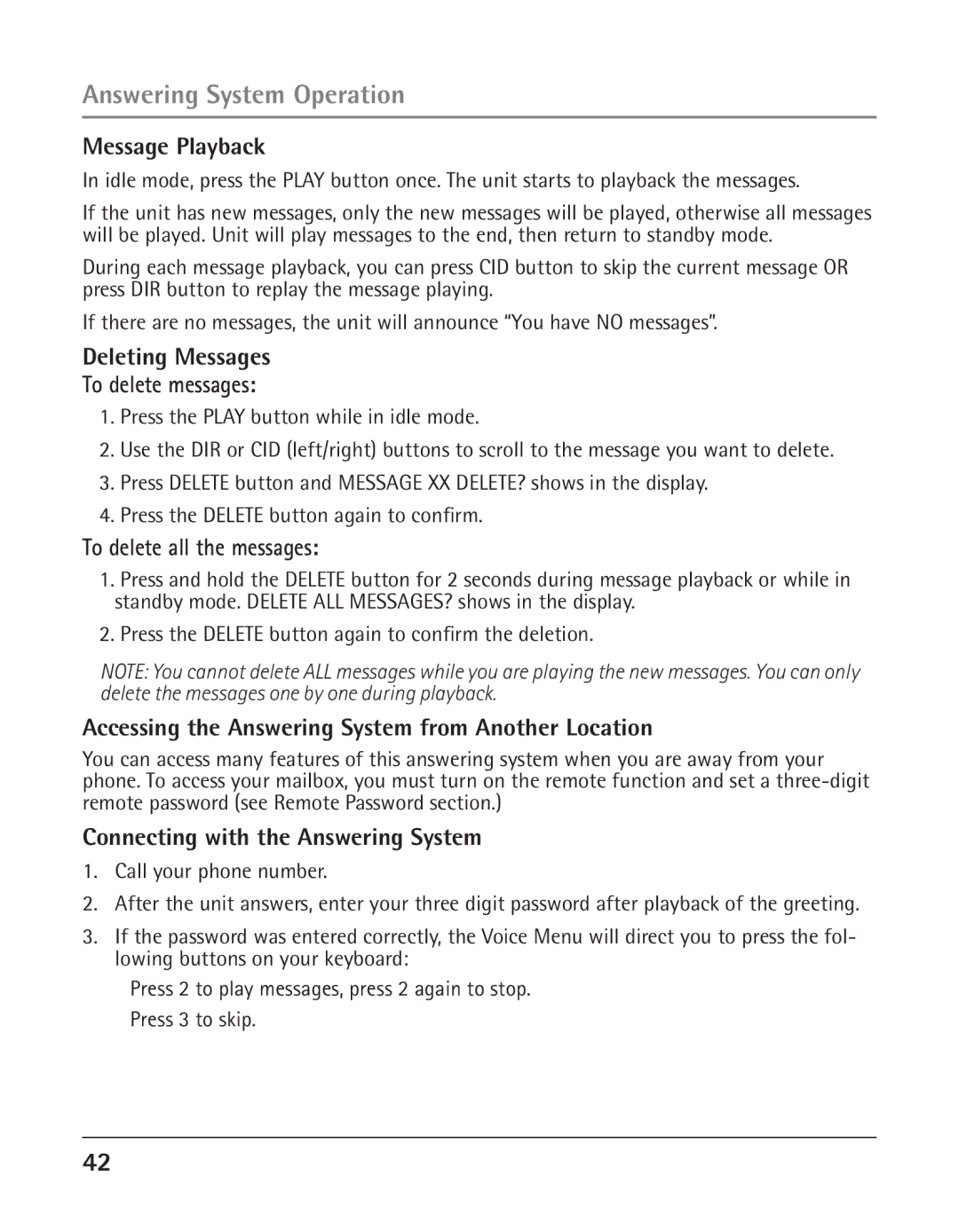 RCA 25425RE1A manual Message Playback, Deleting Messages To delete messages, To delete all the messages 