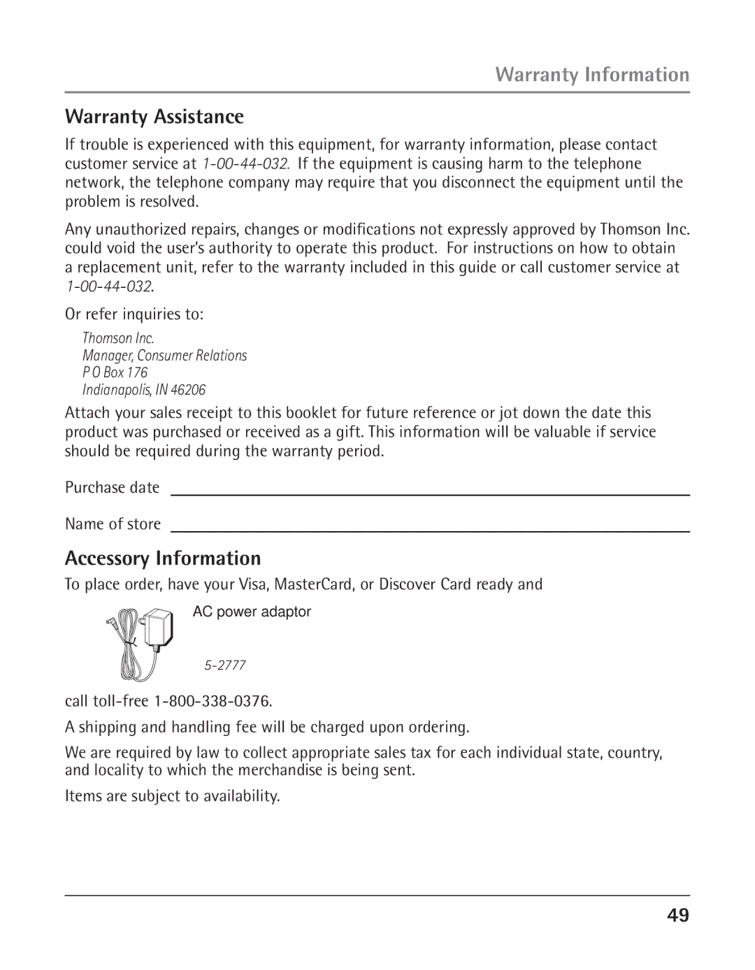 RCA 25425RE1A manual Warranty Information, Warranty Assistance, Accessory Information 