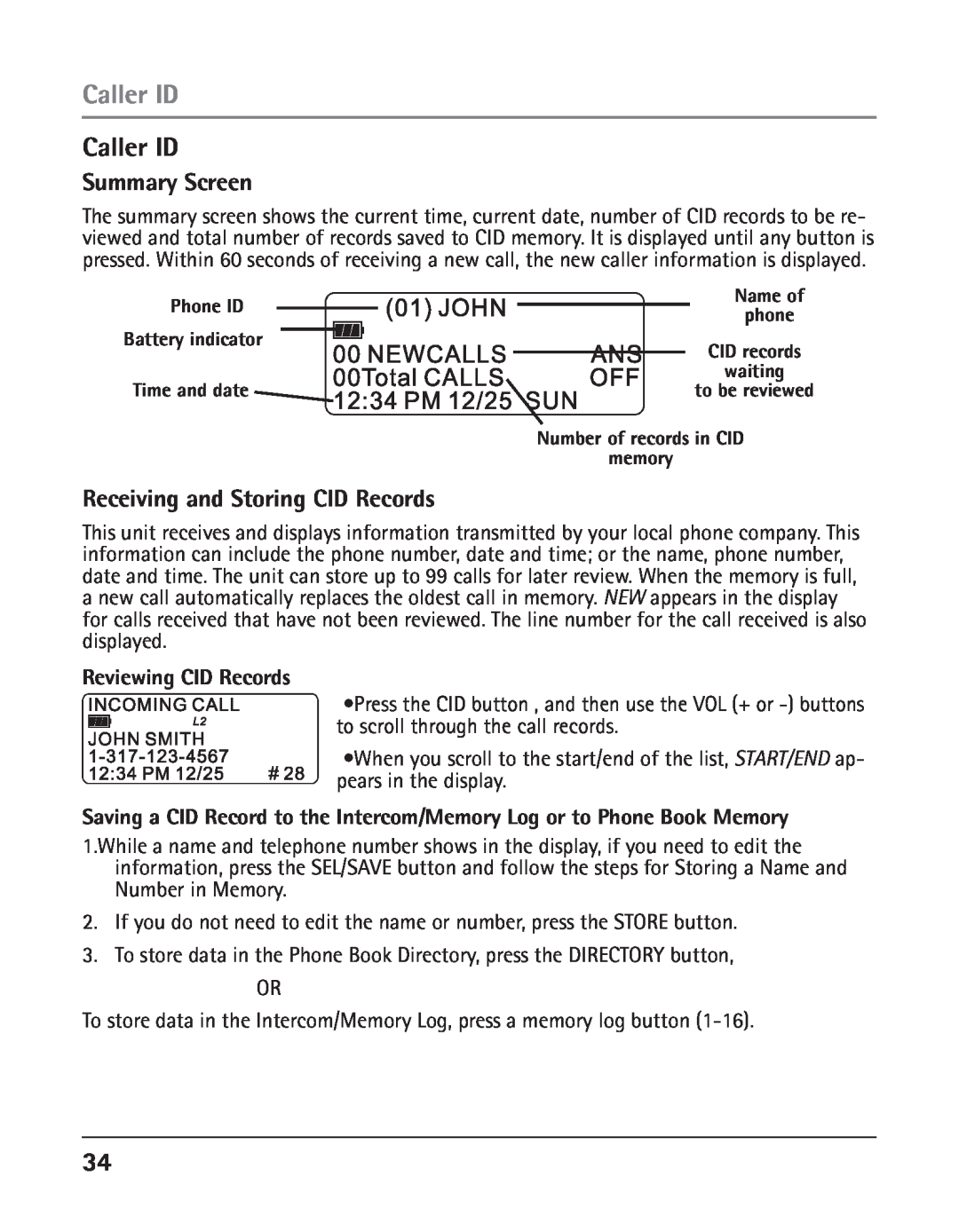 RCA 25425RE1A manual Caller ID, Summary Screen, Receiving and Storing CID Records, Reviewing CID Records 