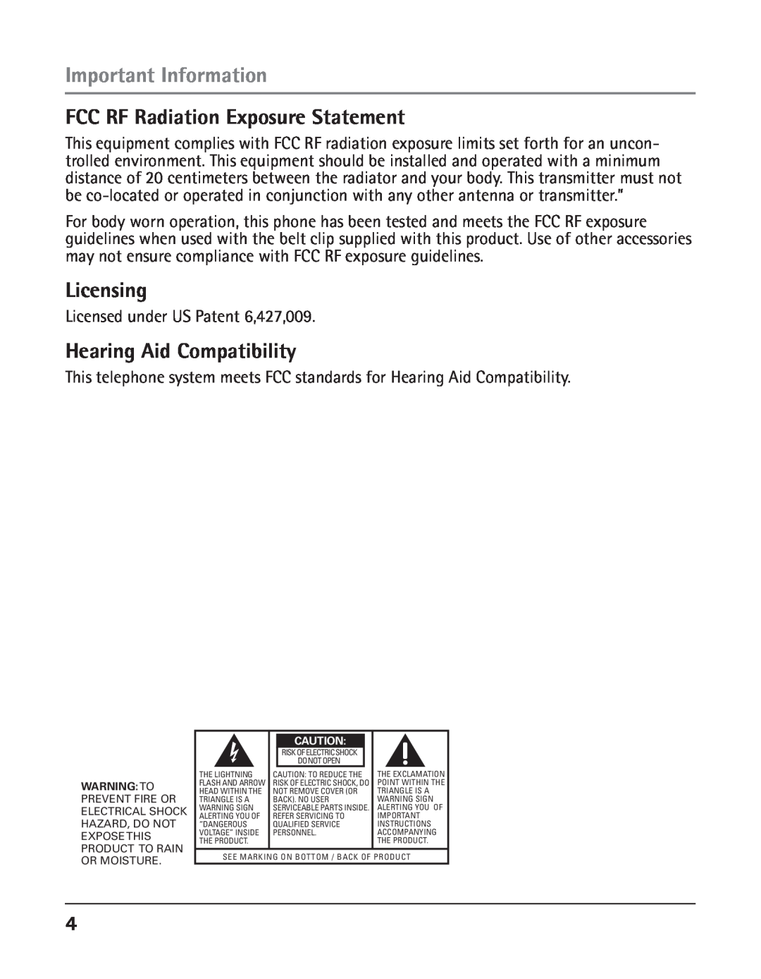 RCA 25425RE1A manual FCC RF Radiation Exposure Statement, Licensing, Hearing Aid Compatibility, Important Information 