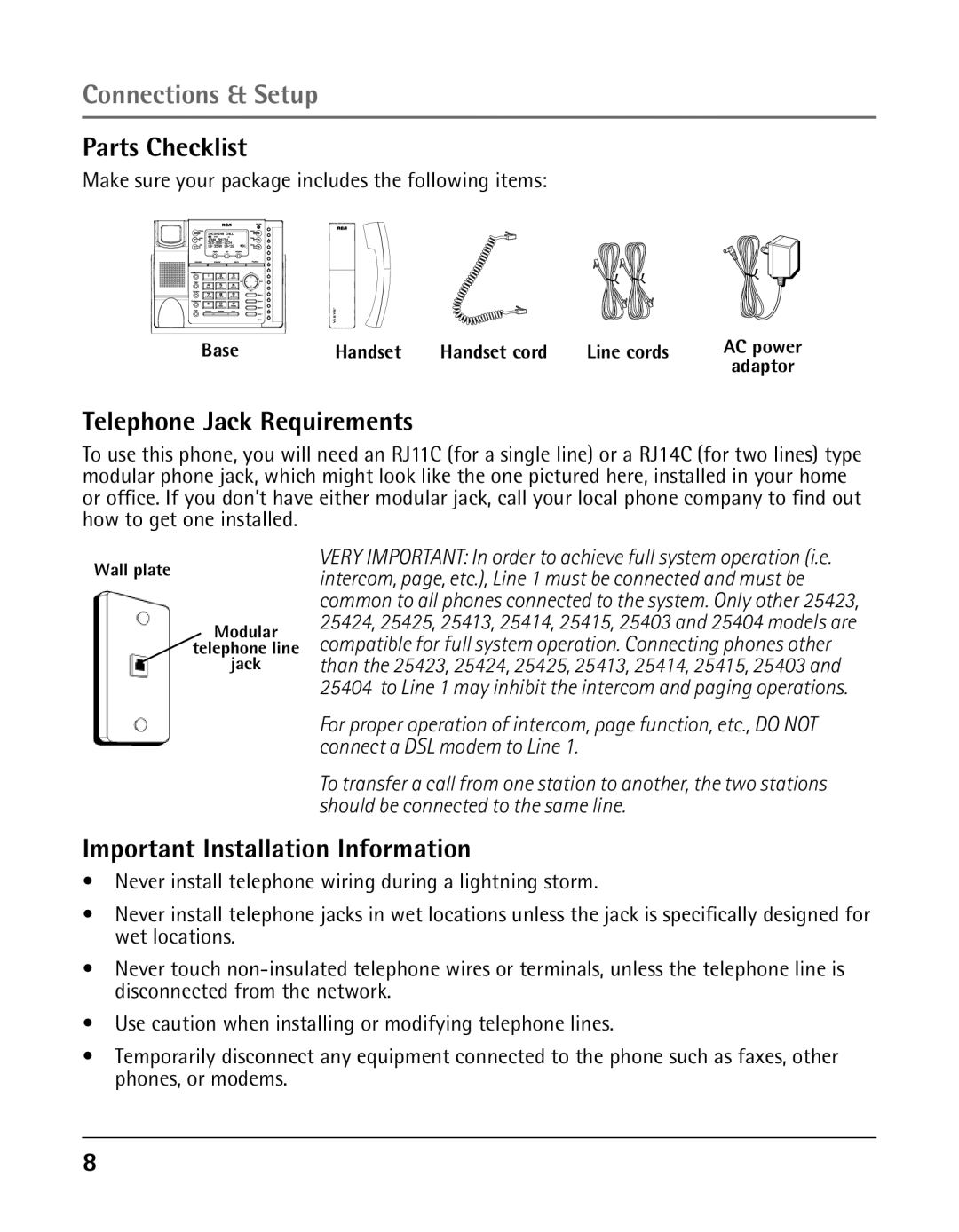 RCA 25425RE1A Parts Checklist, Telephone Jack Requirements, Important Installation Information, Connections & Setup 
