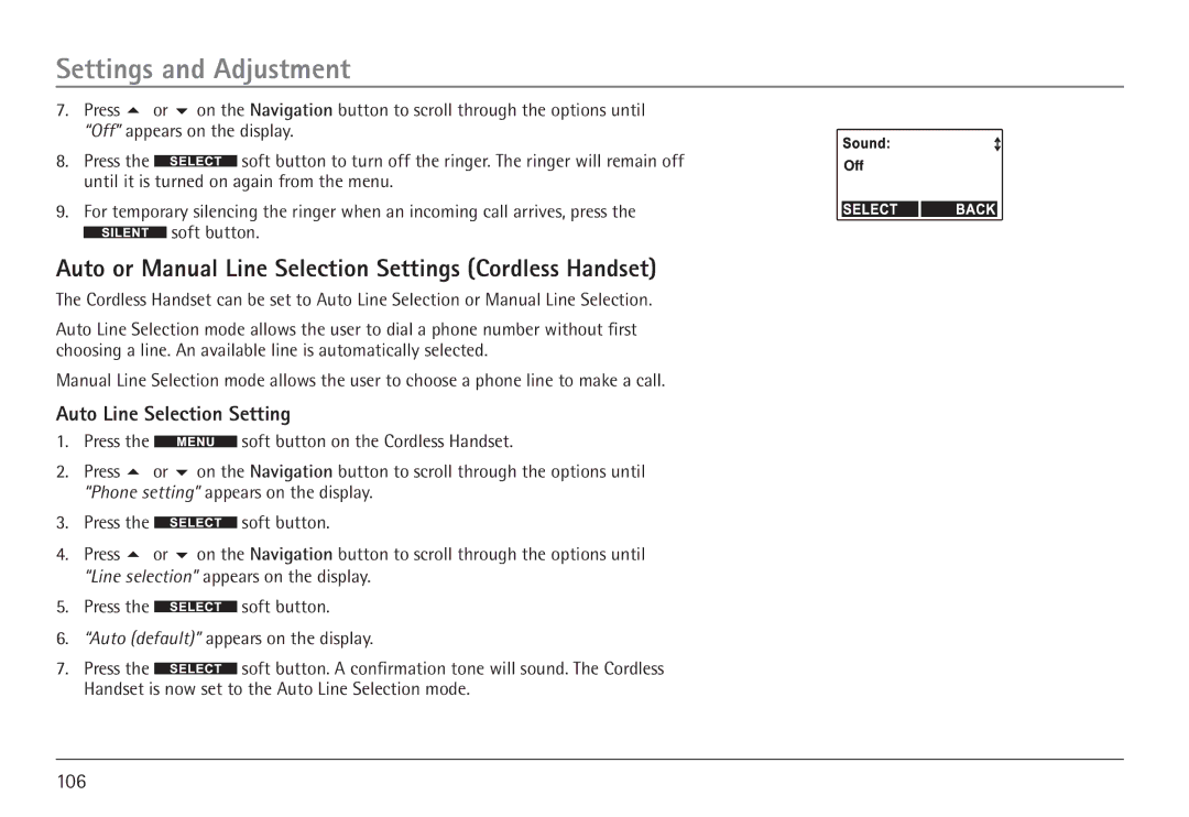 RCA 25450 manual Auto or Manual Line Selection Settings Cordless Handset, Auto Line Selection Setting 