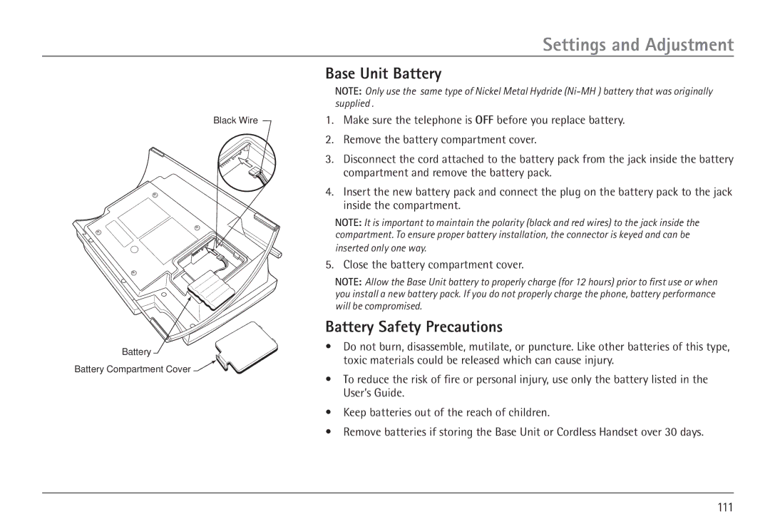 RCA 25450 manual Base Unit Battery, Battery Safety Precautions 