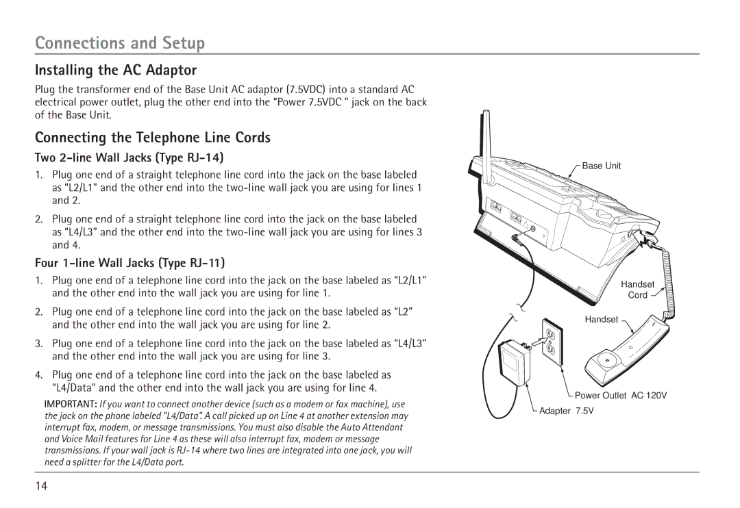 RCA 25450 manual Installing the AC Adaptor, Connecting the Telephone Line Cords, Two 2-line Wall Jacks Type RJ-14 