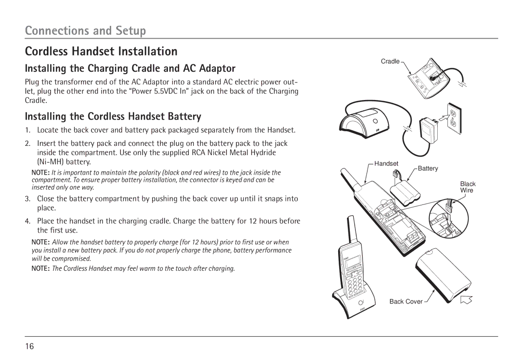 RCA 25450 manual Cordless Handset Installation, Installing the Charging Cradle and AC Adaptor 