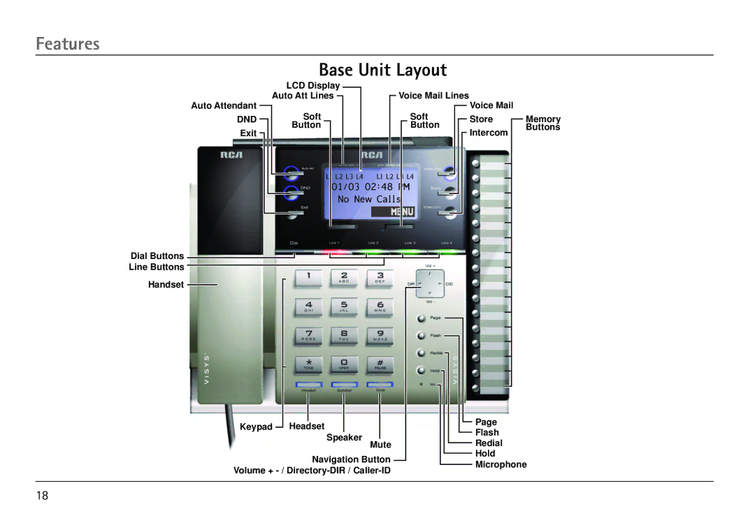 RCA 25450 manual Features, Base Unit Layout 