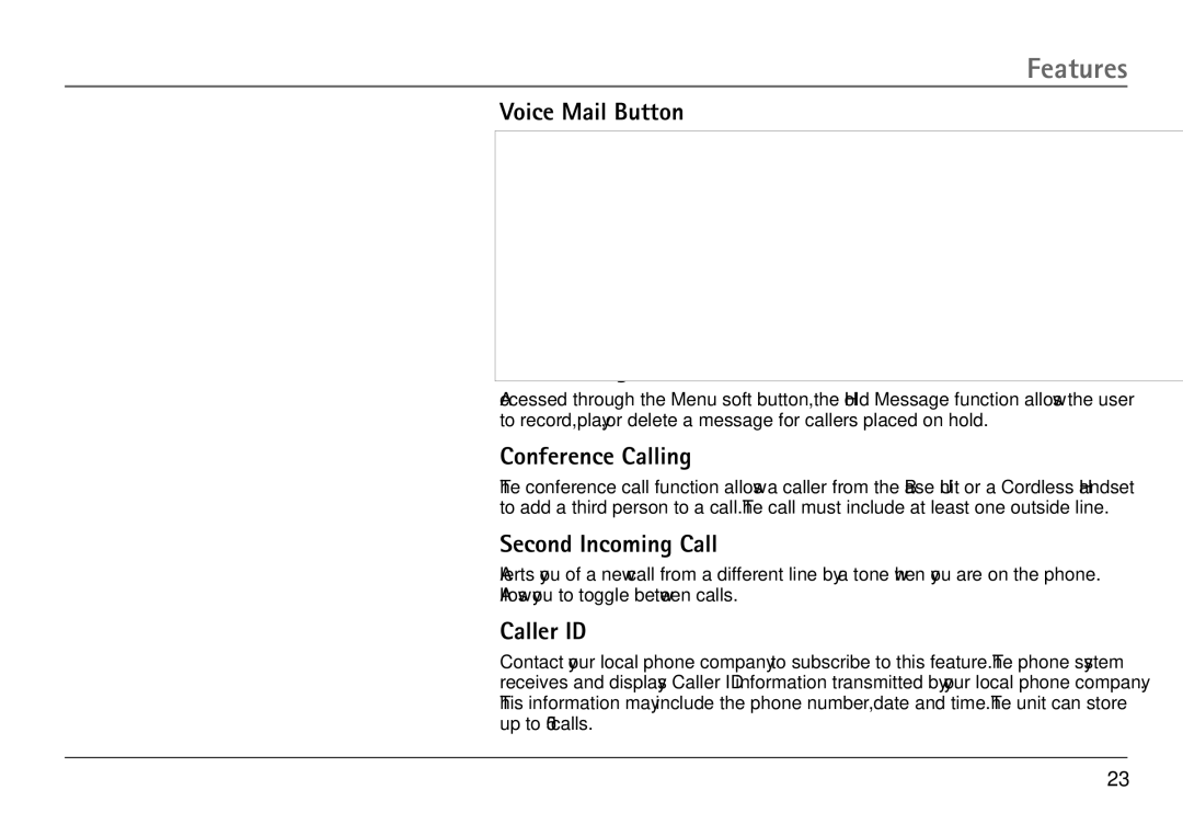 RCA 25450 manual Voice Mail Button Call Transferring, Hold Message, Conference Calling, Second Incoming Call, Caller ID 