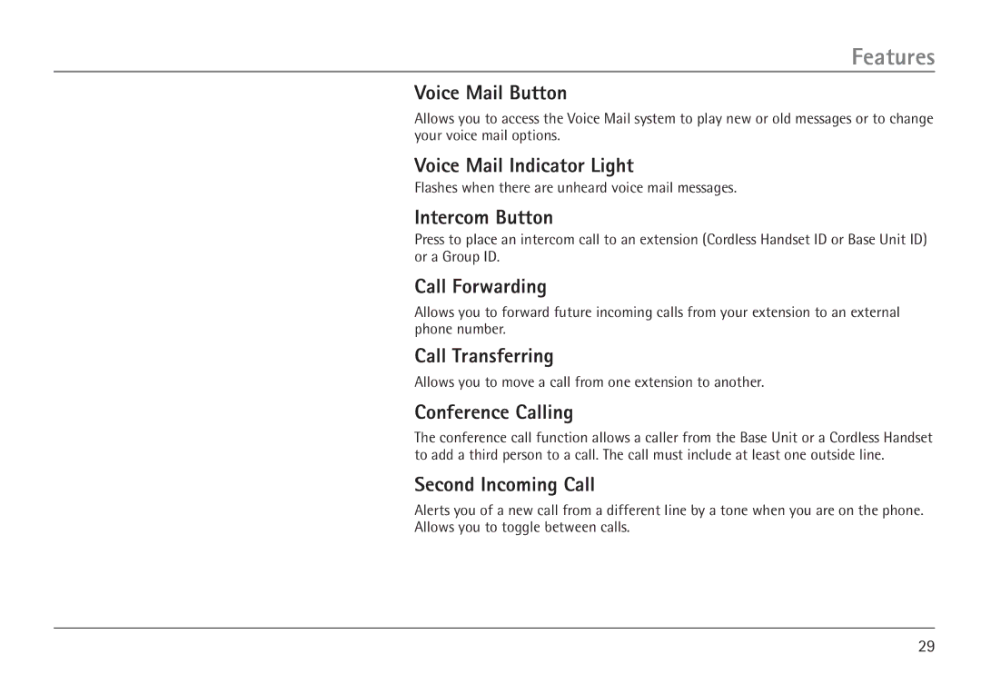 RCA 25450 manual Voice Mail Button, Voice Mail Indicator Light, Call Forwarding 