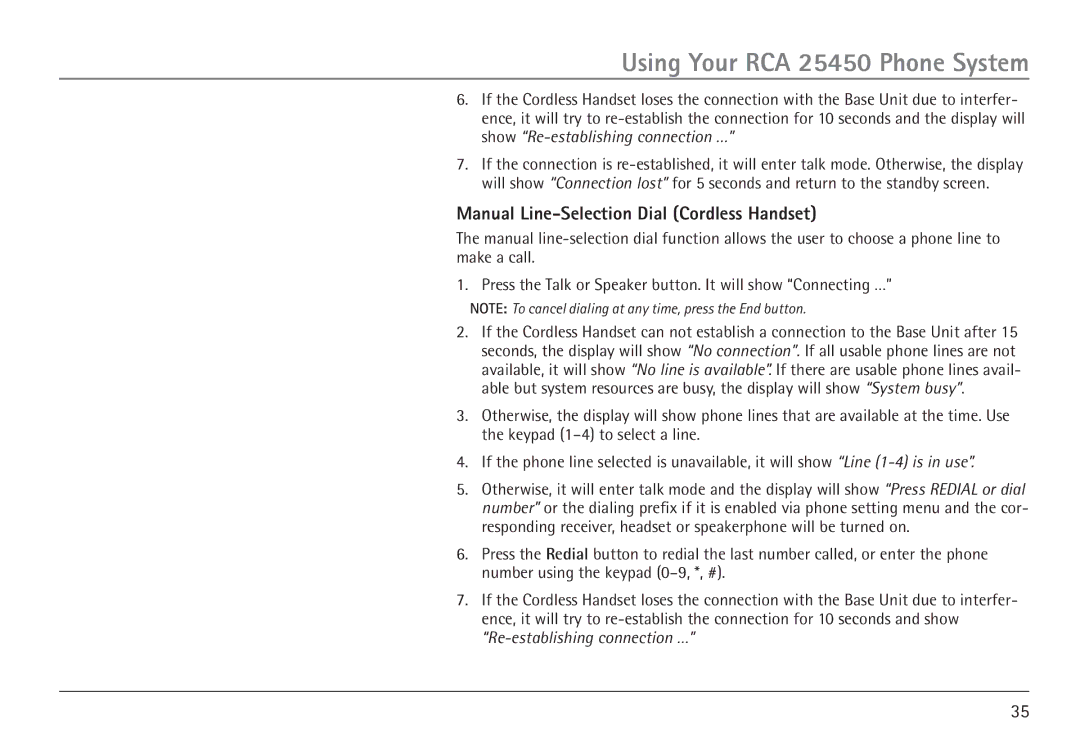 RCA 25450 manual Manual Line-Selection Dial Cordless Handset 