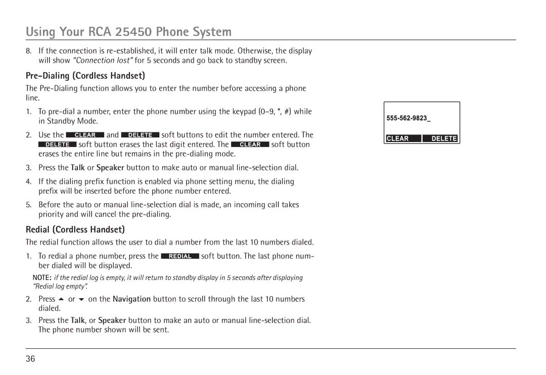 RCA 25450 manual Pre-Dialing Cordless Handset, Redial Cordless Handset 