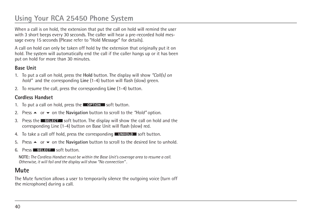 RCA 25450 manual To resume the call, press the corresponding Line 1-4 button 