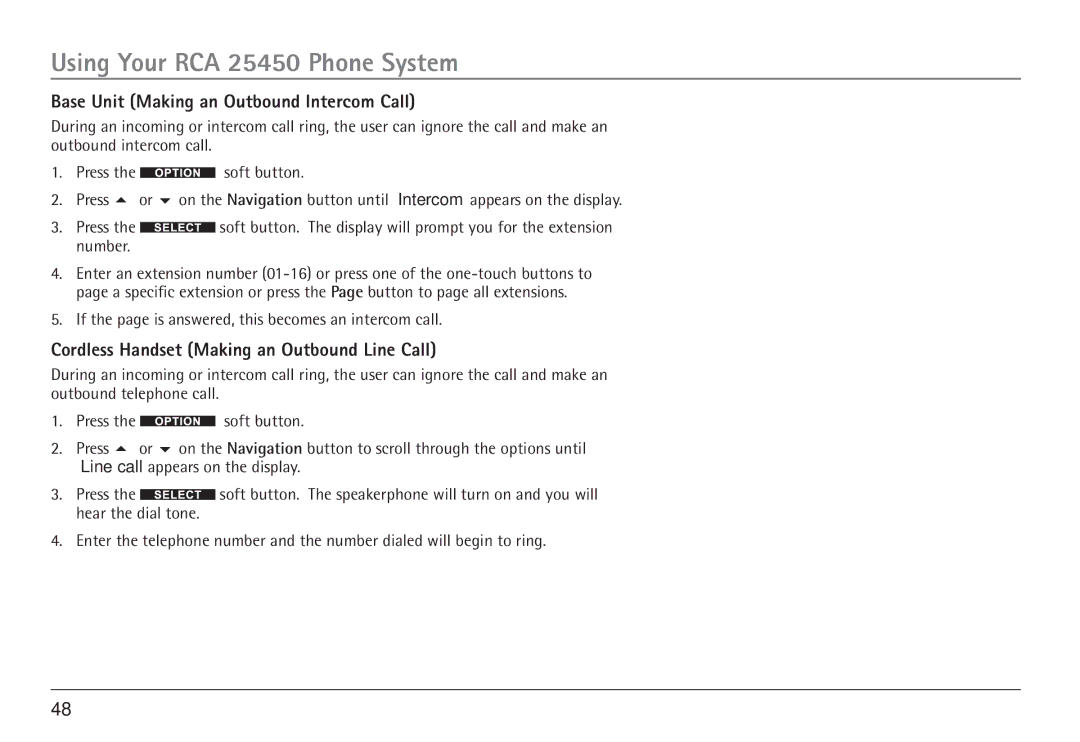 RCA 25450 manual Base Unit Making an Outbound Intercom Call, Cordless Handset Making an Outbound Line Call 