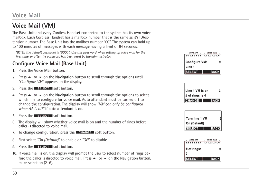 RCA 25450 manual Voice Mail VM, Configure Voice Mail Base Unit 