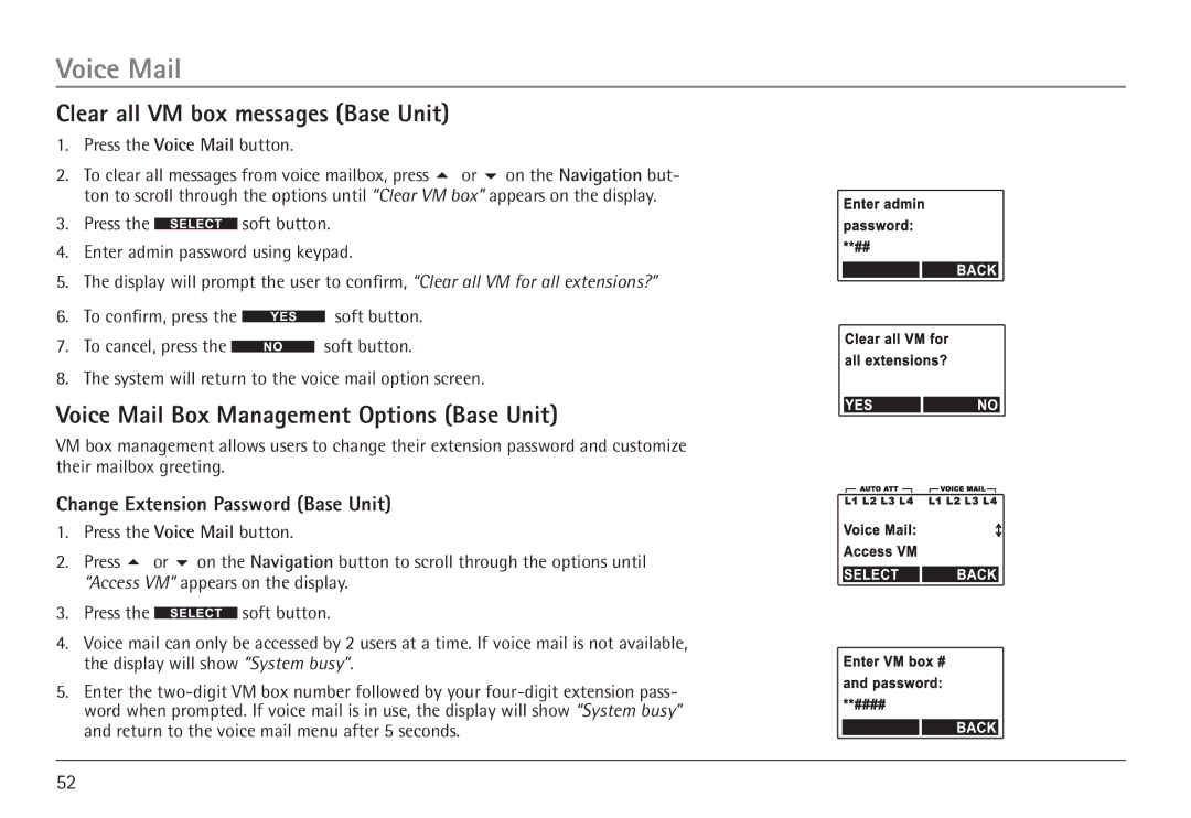 RCA 25450 manual Clear all VM box messages Base Unit, Voice Mail Box Management Options Base Unit 