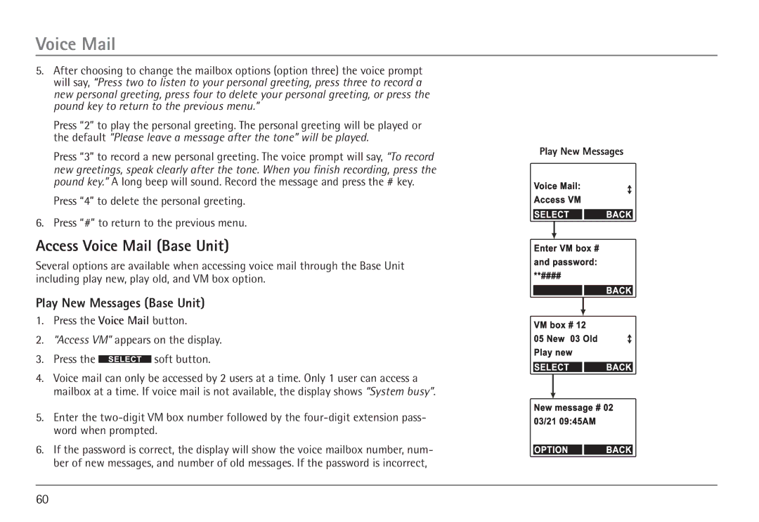 RCA 25450 manual Access Voice Mail Base Unit, Play New Messages Base Unit 