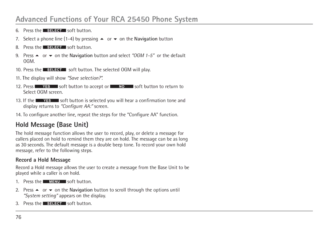 RCA 25450 manual Hold Message Base Unit, Record a Hold Message 