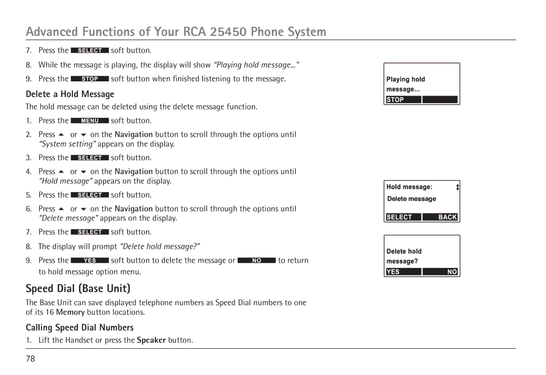 RCA 25450 manual Speed Dial Base Unit, Delete a Hold Message, Calling Speed Dial Numbers 