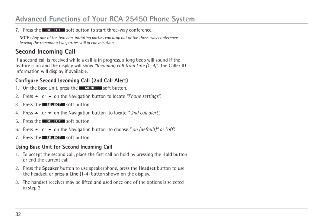 RCA 25450 manual Configure Second Incoming Call 2nd Call Alert, Using Base Unit for Second Incoming Call 