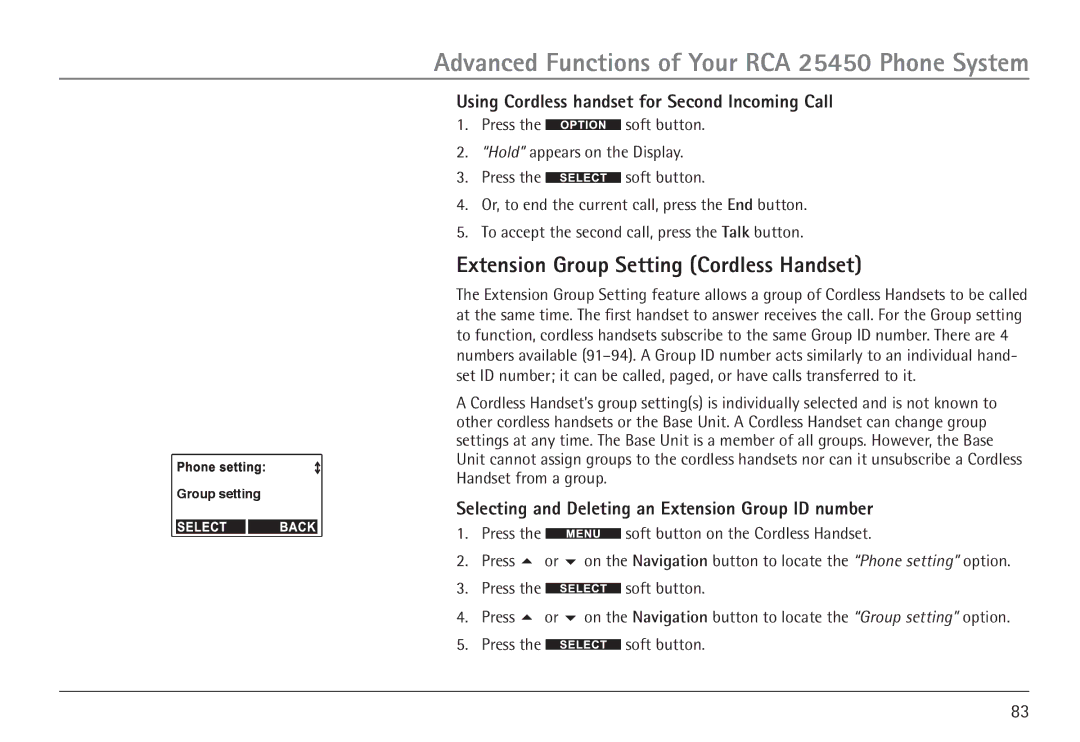 RCA 25450 manual Extension Group Setting Cordless Handset, Using Cordless handset for Second Incoming Call 