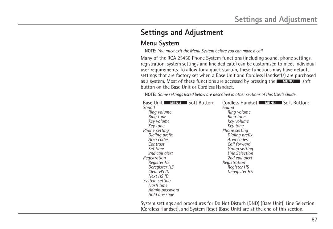 RCA 25450 manual Settings and Adjustment, Menu System 