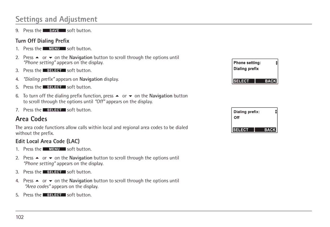 RCA 25450 manual Area Codes, Turn Off Dialing Prefix, Edit Local Area Code LAC 