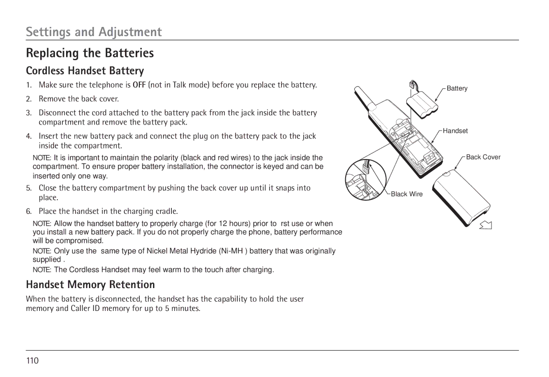 RCA 25450 manual Replacing the Batteries, Cordless Handset Battery, Handset Memory Retention 