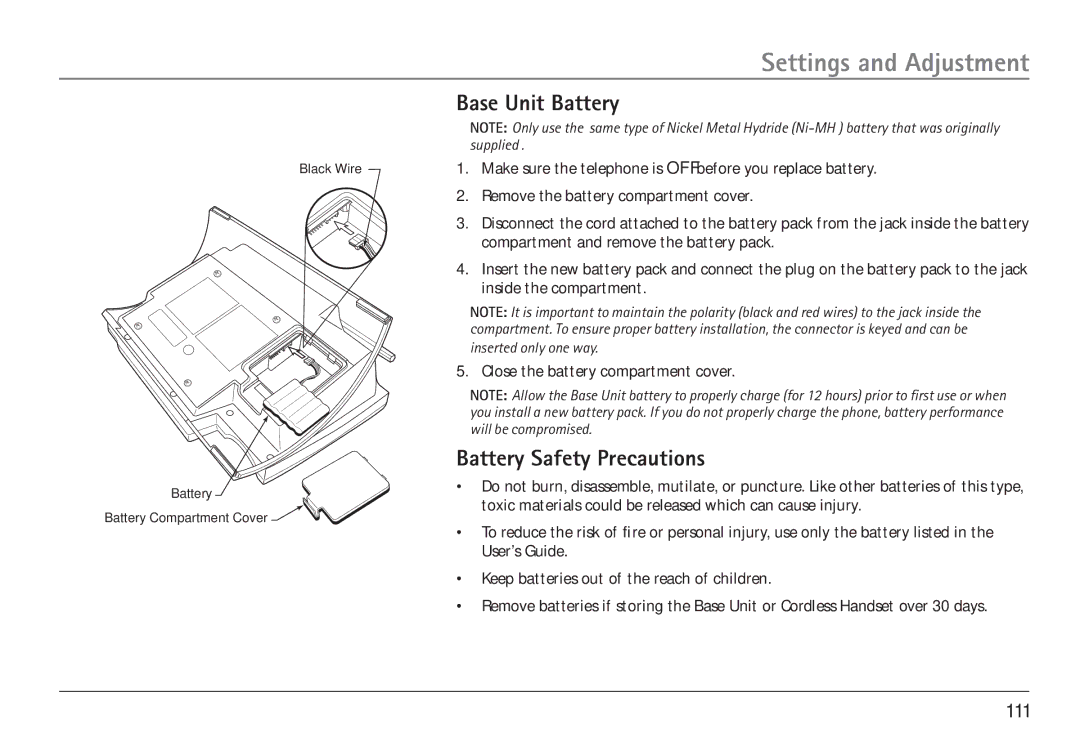 RCA 25450 manual Base Unit Battery, Battery Safety Precautions 